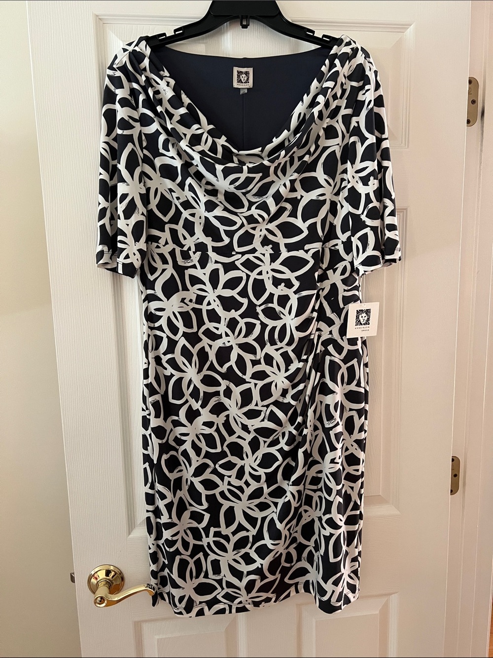 Anne Klein Black and White Geometric Cowl-Neck Midi Dress